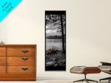 Autumn Campfire Scene, Cozy Outdoors, Fall Evening Glow, Lakeside Calm, Framed Canvas Print Cabin Decor, Living Room Autumn Wall Art