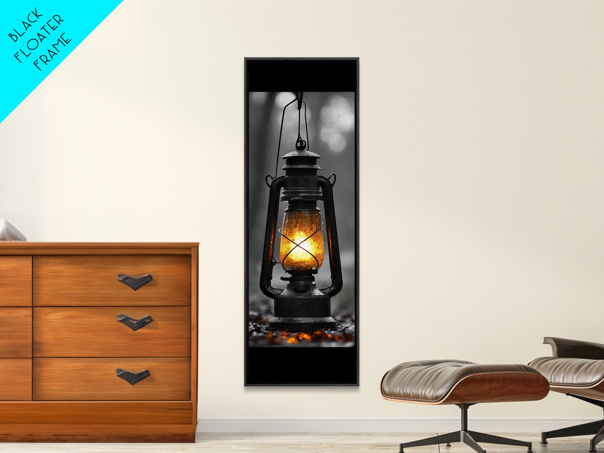 Vintage Lantern Glow, Moody Forest Scene, Rainy Night Light, Framed Canvas Print Rustic Entryway Wall Art, Autumn Warmth Art Style