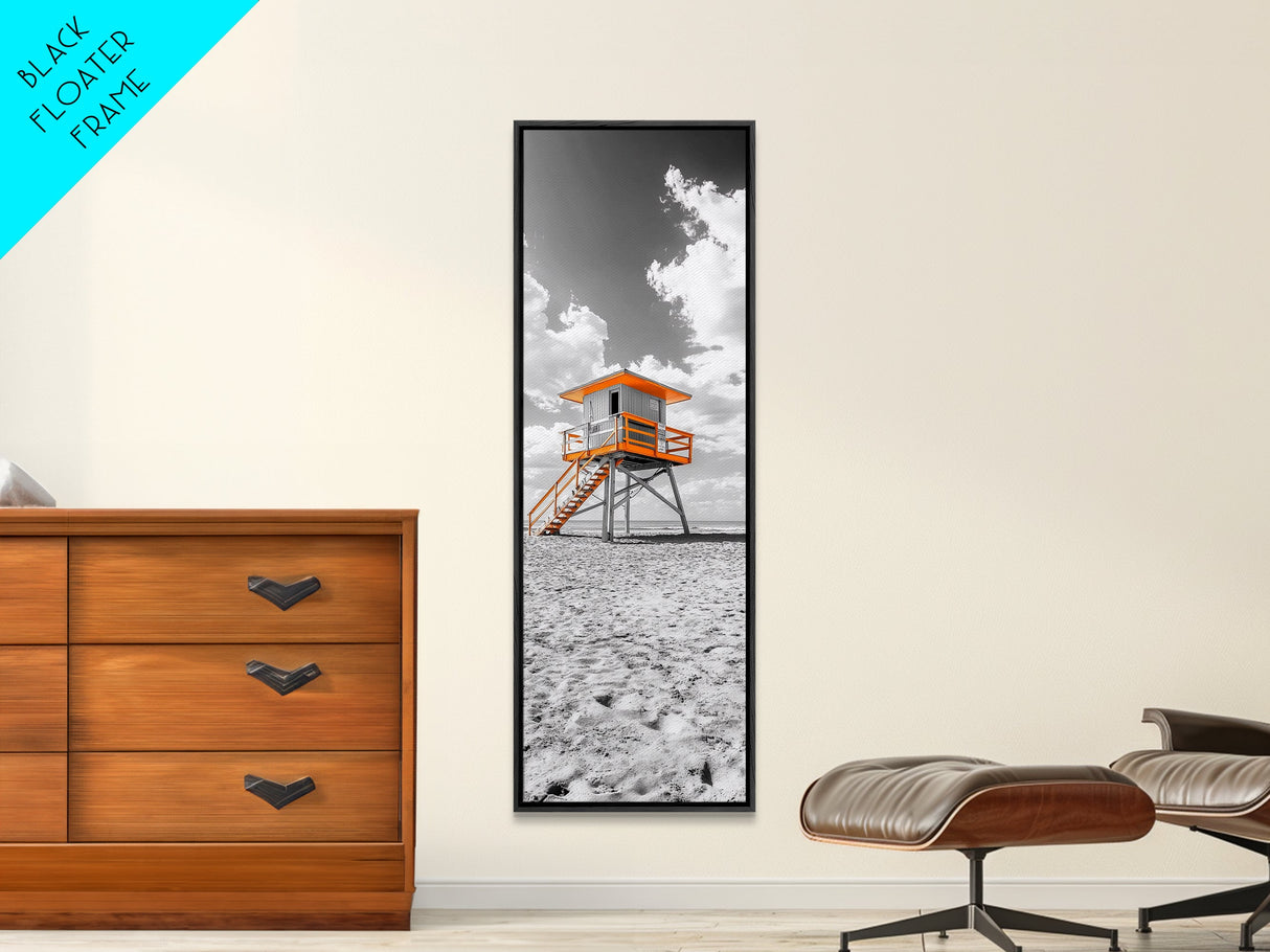 Lifeguard Tower Beach, Summer Vibes, Ocean Escape, Coastal Charm, Framed Canvas Print Bathroom Wall Art, Bold Minimalist Seaside Art