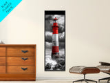 Red Lighthouse Storm, Coastal Beacon Art, Dramatic Seascape, Nautical Scene, Framed Canvas Print Living Room Wall Art, Moody Decor