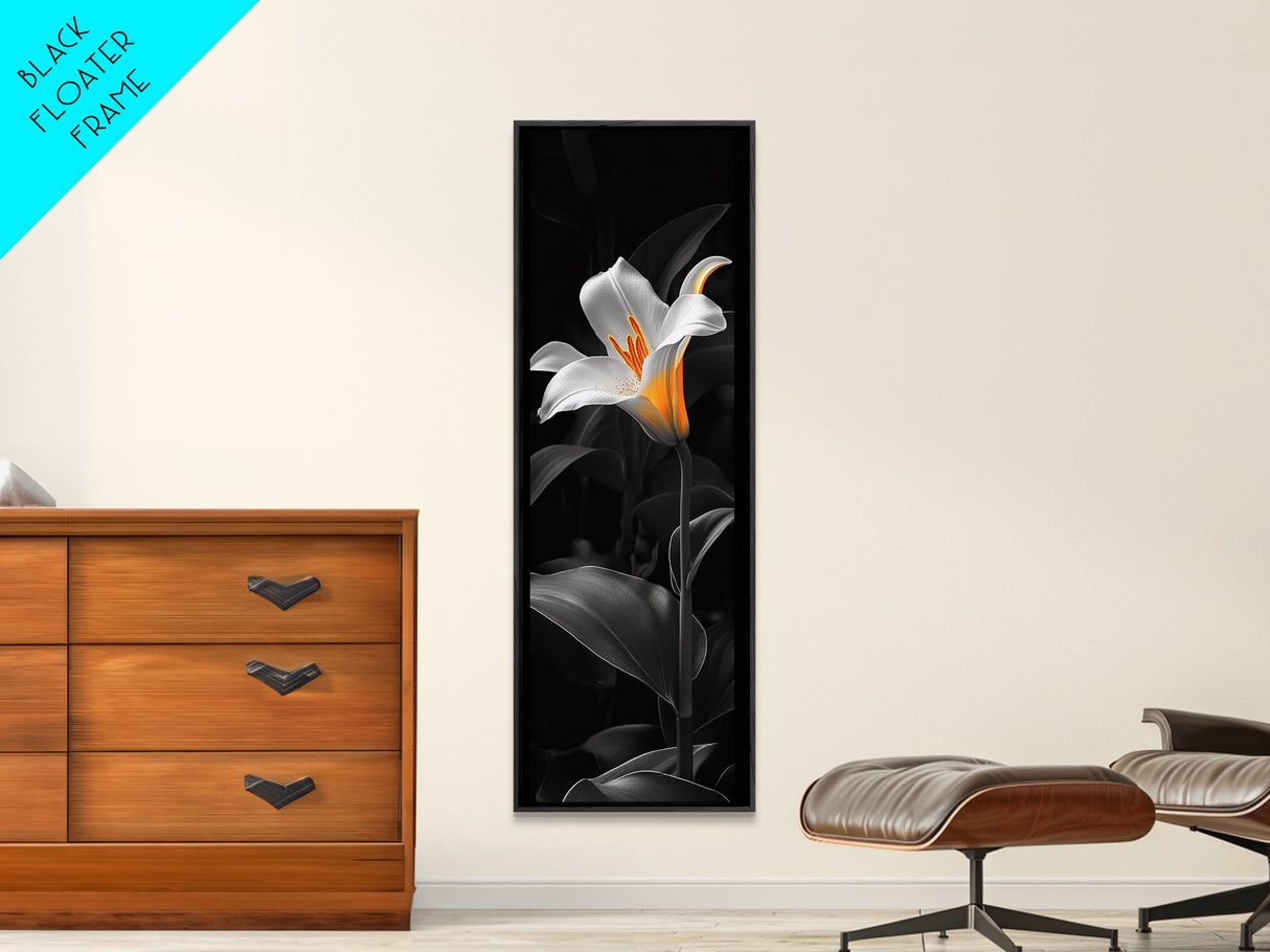 White Lily Bloom, Moody Flower Art, Dark Botanical, Elegant Glow, Framed Canvas Print Bedroom Wall Art, Modern Floral Minimalist