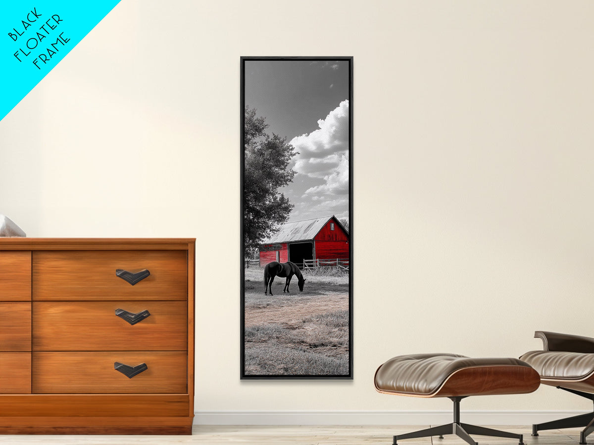 Red Barn, Black Horse, Country Charm, Rustic Farm Framed Canvas Print, farmhouse wall decor, autumn art, rustic bedroom wall art
