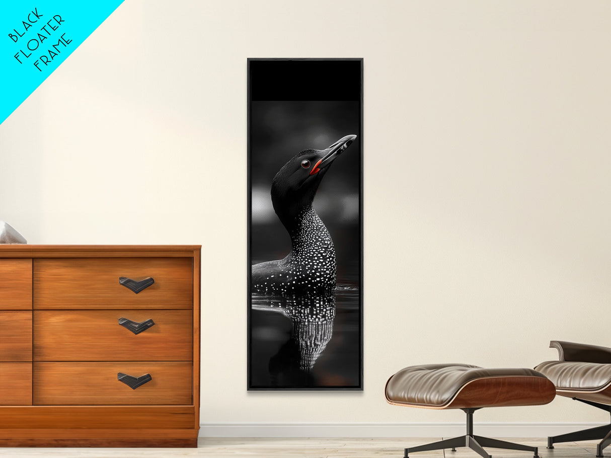 Loon Bird, Red Eye, Monochrome Wildlife, Nature Framed Canvas Print, modern living room wall art, black and white animal art