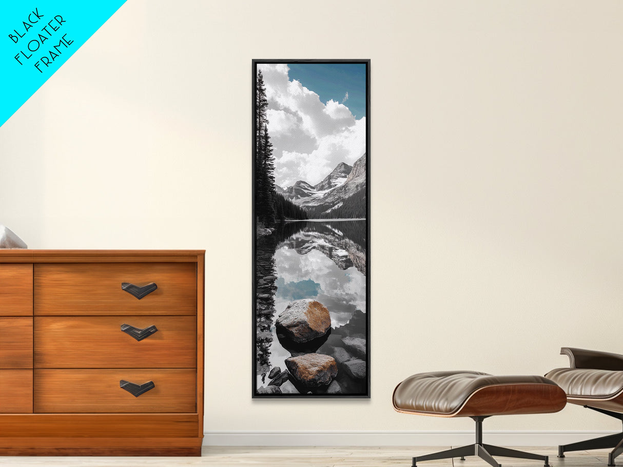 Alpine Reflection, Lake View, Mountain Tranquility, Framed Canvas Print, Nature Lover Gift, Bathroom Wall Art, Boho Landscape Art, Neutral Decor