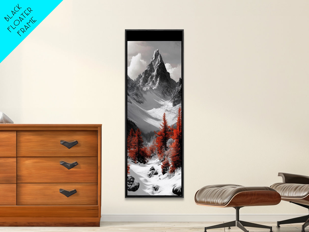Red Trees, Snowy Mountain, Dramatic Landscape, Framed Canvas Print, Winter Wonderland Art, Office Wall Decor, Moody Nature Scene Print
