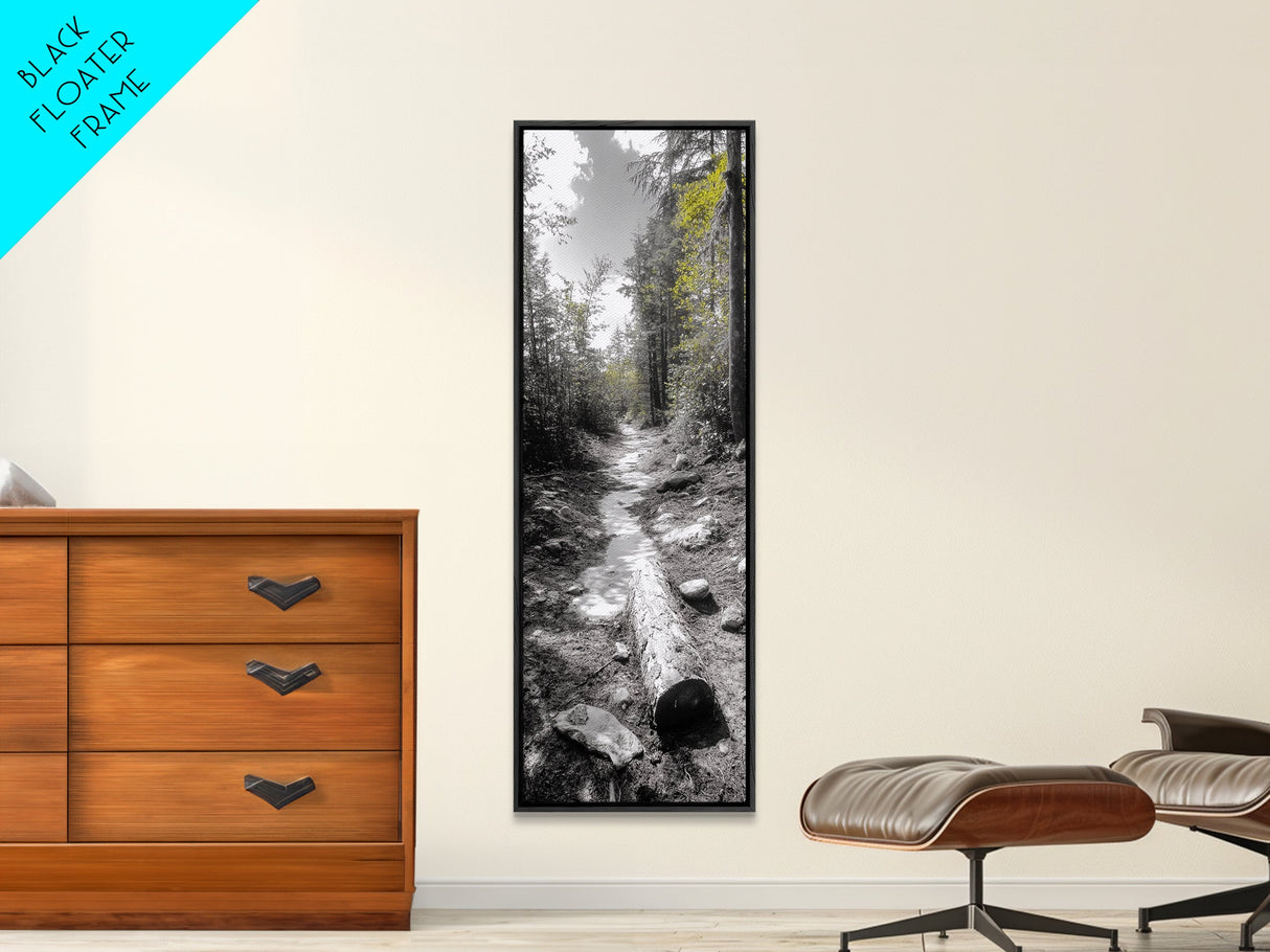 Forest Path, Autumn Leaves, Nature Trail, Framed Canvas Print, Black and White Wall Art, Cabin Decor, Rustic Hallway Accent