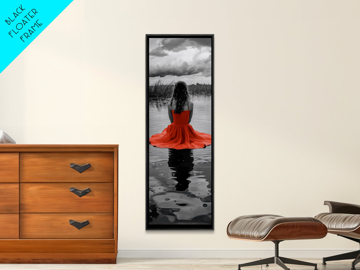 Woman in Red, Serene Lake, Moody Reflections, Dramatic Art Scene, Canvas Print, Bedroom Wall Art, Romantic Decor, Adventure Themed Ar