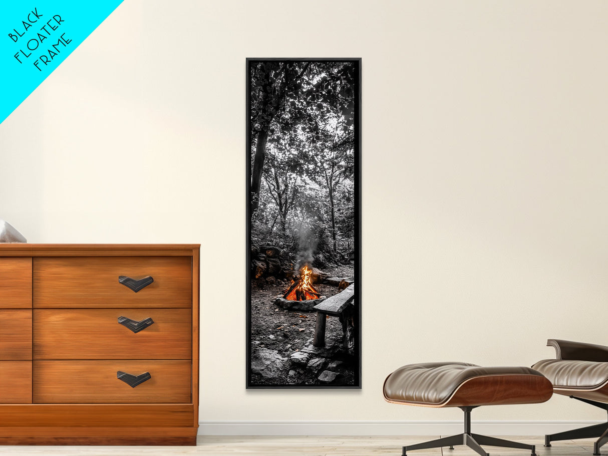 Forest Firepit, Glowing Flames, Wilderness Night, Framed Canvas Print, Camping Wall Art, Rustic Fall Decor, Cabin Living Style