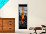 Towering Flame, Wild Fire Blaze, Dramatic Camp Scene, Canvas Print, Outdoor Wall Art, Autumn Adventure Decor, Rustic Nature Style