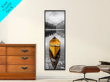 Yellow Canoe, Peaceful Lake, Mountain Reflections, Canvas Print, Nature Lover Gift, Minimalist Wall Art, Cabin Living Room Decor