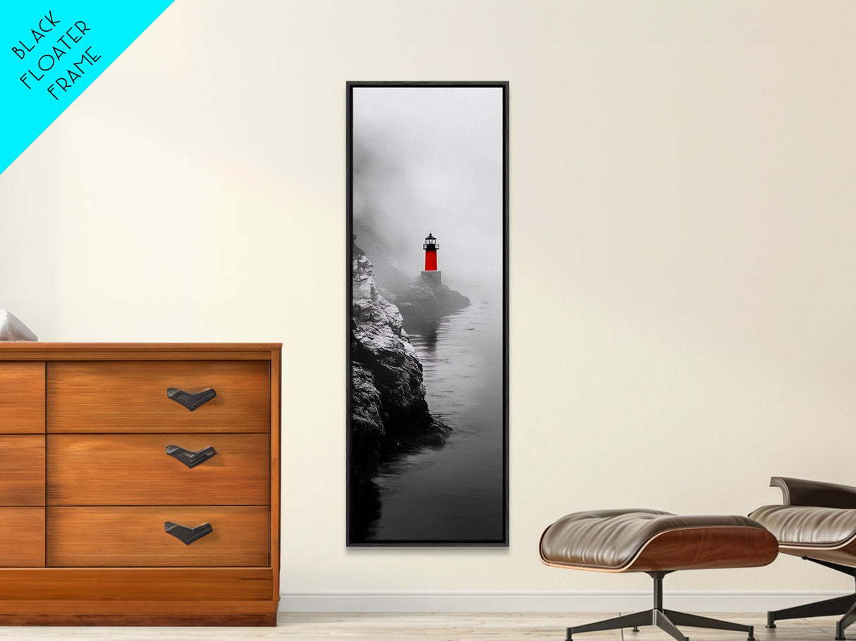 Misty Lighthouse View, Red Beacon Decor, Coastal Minimalist Art, Framed Canvas Print, Modern Seascape Living Room Wall Decor