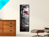 Red Tree, Misty Coast, Autumn Serenity, Coastal Nature Wall Art, Framed Canvas Print, Moody Landscape, Fall Living Room Decor, Minimalist Art