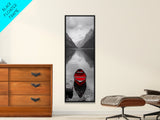 Red Canoe, Mountain Lake, Minimalist Reflection, Snowy Peaks, Framed Canvas Print, Nordic Cabin Wall Art, Serene Bedroom Decor