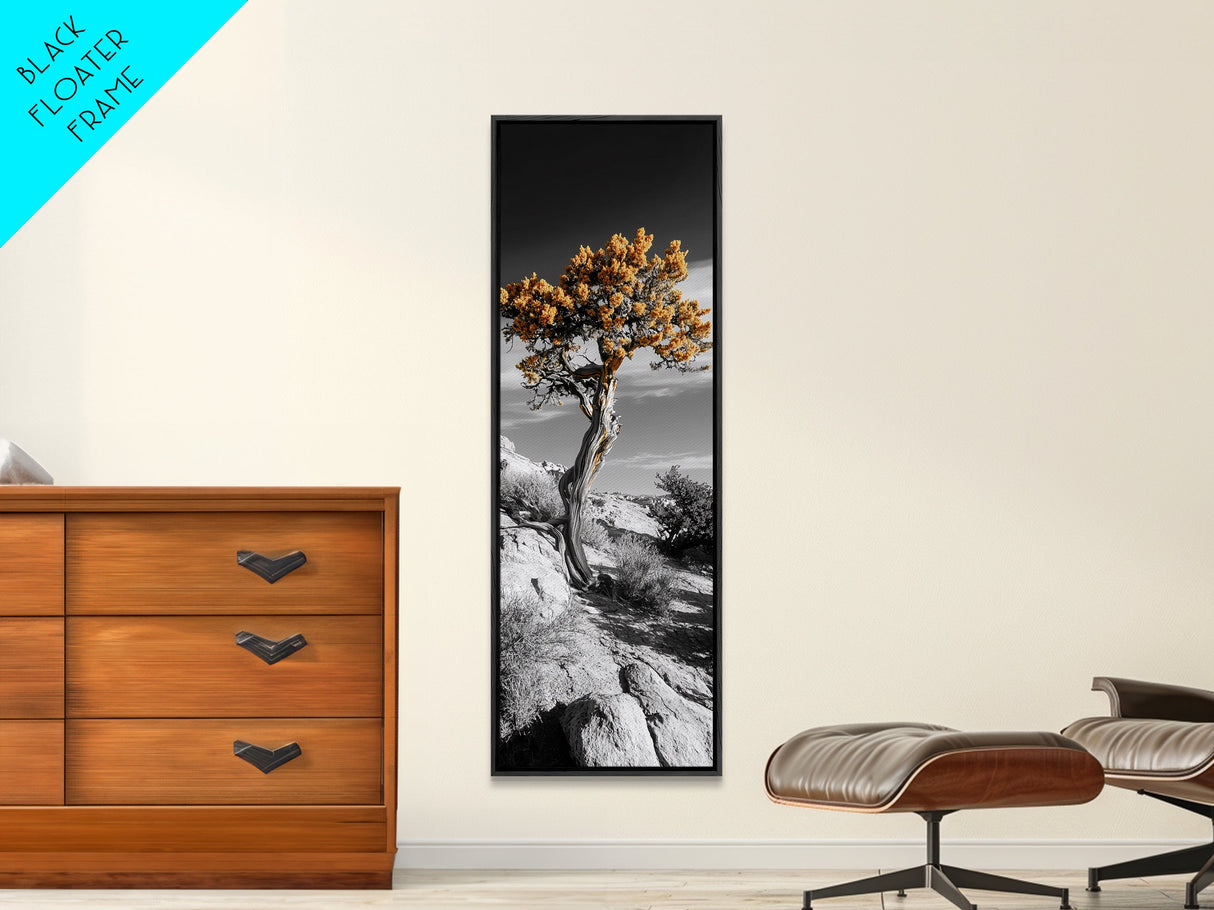 Twisted Tree, Desert Bloom, Rustic Wilderness, Nature Drama, Framed Canvas Print, Boho Living Room Wall Art, Moody Outdoor Style