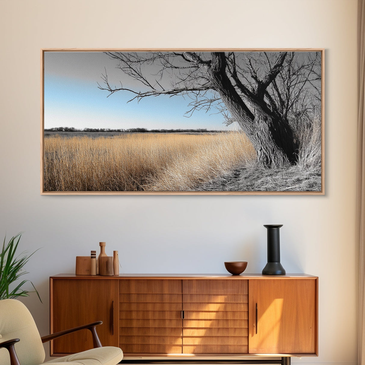 Open Plains, Blue Sky, Rustic Tree, Minimalist Field, Canvas Print, Country Style Wall Art, Farmhouse Hallway Decor, Soft Landscape Mood
