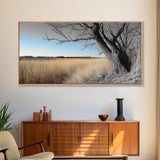 Open Plains, Blue Sky, Rustic Tree, Minimalist Field, Canvas Print, Country Style Wall Art, Farmhouse Hallway Decor, Soft Landscape Mood