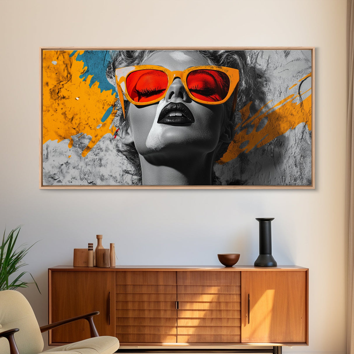 Retro Glam, Bold Woman, Pop Art Fashion, Orange Splash, Framed Canvas Print, Bedroom Wall Art, Modern Glam Decor, Statement Wall Piece