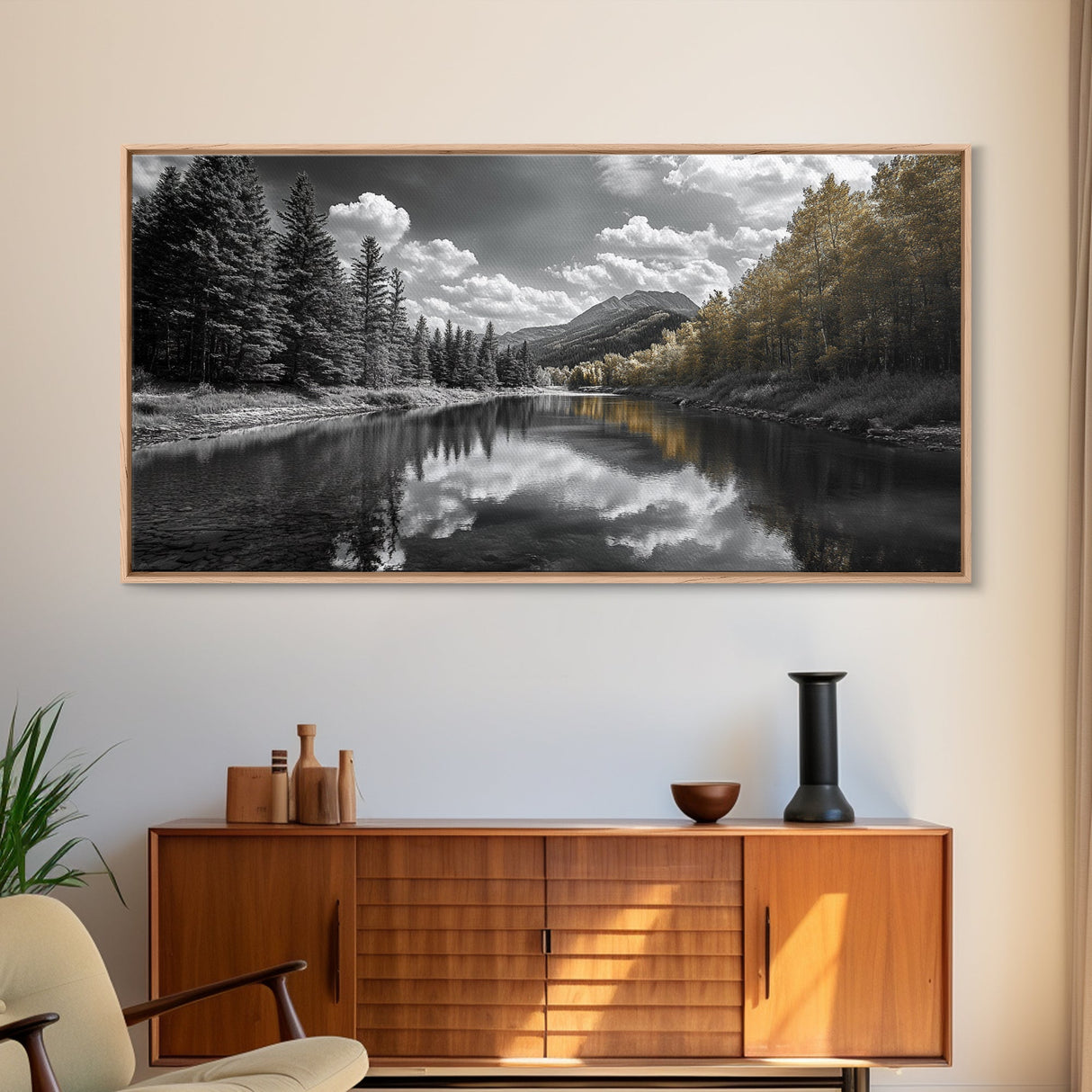 Lake, Mountains, Trees, Reflective mountain lake landscape in this Framed Canvas Print, peaceful Nature Lover Living Room Wall Art