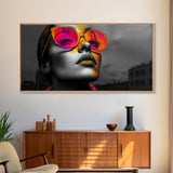 Pop Art, Sunglasses, Neon, Bold and vibrant pop art woman in neon shades on Framed Canvas Print, modern Teen Room Wall Art, Stylish Decor
