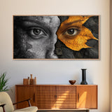 Eyes, Autumn, Leaves, Emotional duality in surreal leaf-face art on this Framed Canvas Print, Fall Decor and Unique Modern Living Room Art