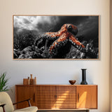 Octopus Ocean, Sea Creature Art, Deep Sea Wall Art, Marine Decor, Framed Canvas Print, Bathroom Wall Art, Moody Nautical, Coastal Vibes