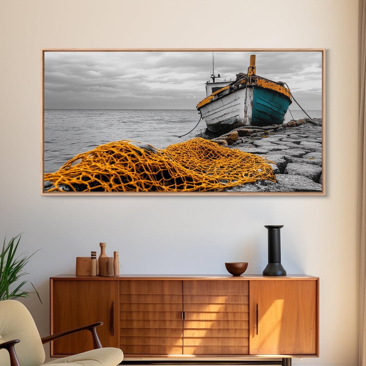 Fishing Boat, Coastal Life, Yellow Net, Framed Canvas Print, Nautical Decor, Beach House Wall Art, Seaside Photography, Ocean Lover Gift