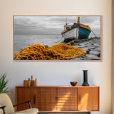 Fishing Boat, Coastal Life, Yellow Net, Framed Canvas Print, Nautical Decor, Beach House Wall Art, Seaside Photography, Ocean Lover Gift