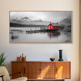 Red Cabin, Lake House, Mountain Reflection, Framed Canvas Print, Nordic Art, Winter Landscape, Bedroom Wall Art, Modern Minimalist Decor