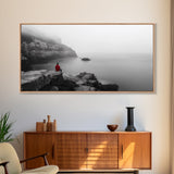 Red Hoodie, Ocean Cliff, Misty Silence, Framed Canvas Print, Minimalist Solitude Art, Mental Health Awareness, Bedroom Wall Decor, Calm Scene