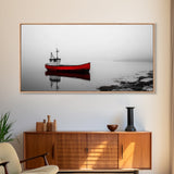 Red Boat, Calm Water, Minimalist Decor, Ocean Scene, Living Room Wall Art, Coastal Style, Canvas Print, Modern Nautical, Serene Landscape