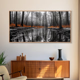 Reflected Forest, Orange Leaves, Tranquil River, Monochrome Fall, Canvas Print, Rustic Decor, Bedroom Wall Art, Woodland Scene