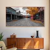 Wild West Town, Autumn Trees, Empty Street, Color Pop, Framed Canvas Print, Rustic Wall Decor, Hallway Art, Americana Style