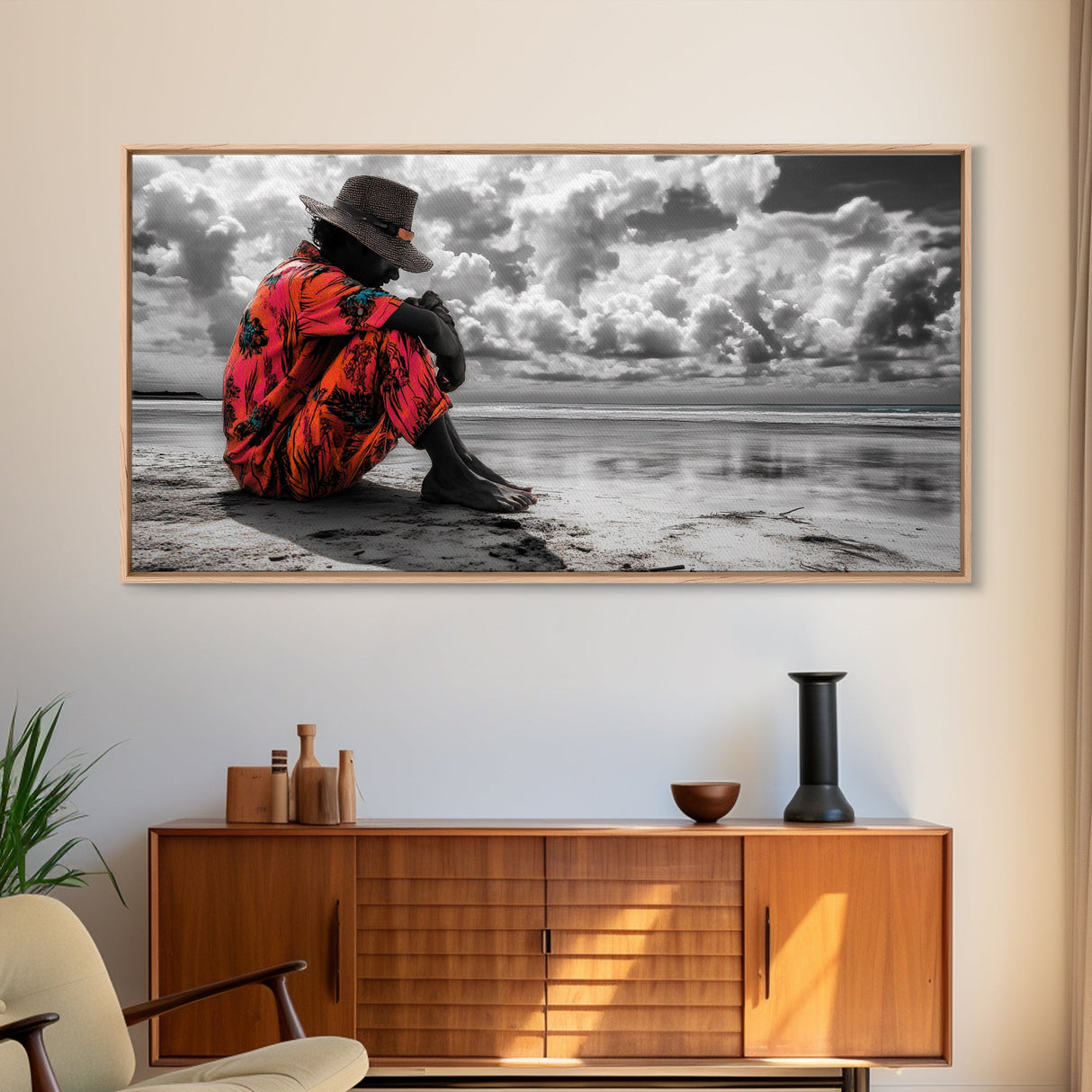 Island Dreaming, Beach Vibes, Serene Reflection, Cultural Portrait, Framed Canvas Print, Living Room Wall Art, Peaceful Coastal Scene