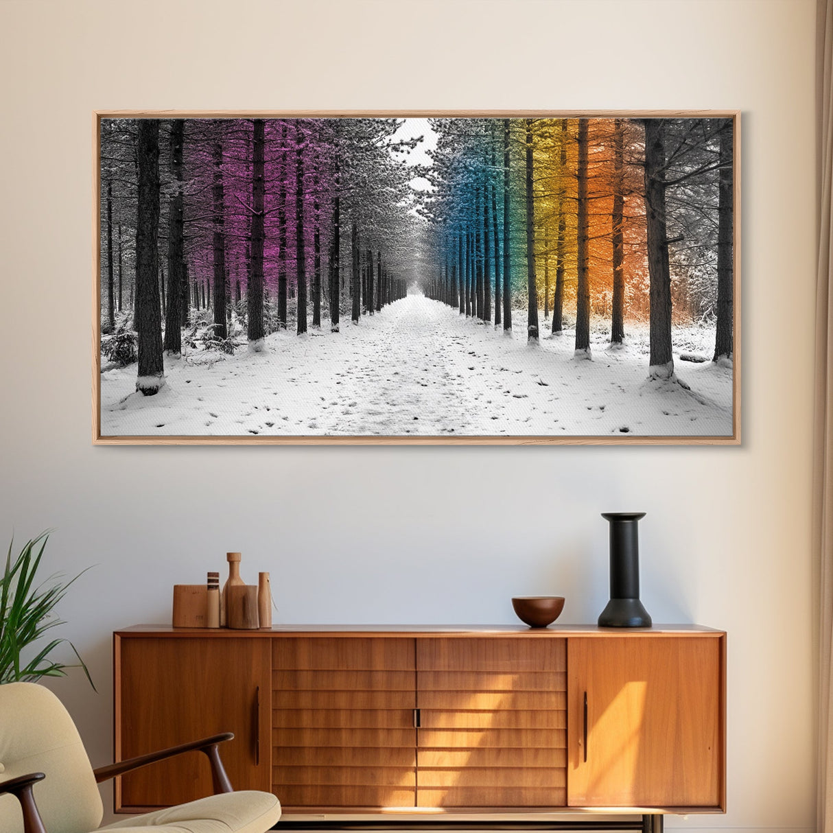 Snowy Pines, Rainbow Forest, Winter Walkway, Colorful Trees, Canvas Print, Whimsical Art, Nursery Wall Art, Minimalist Nature Style