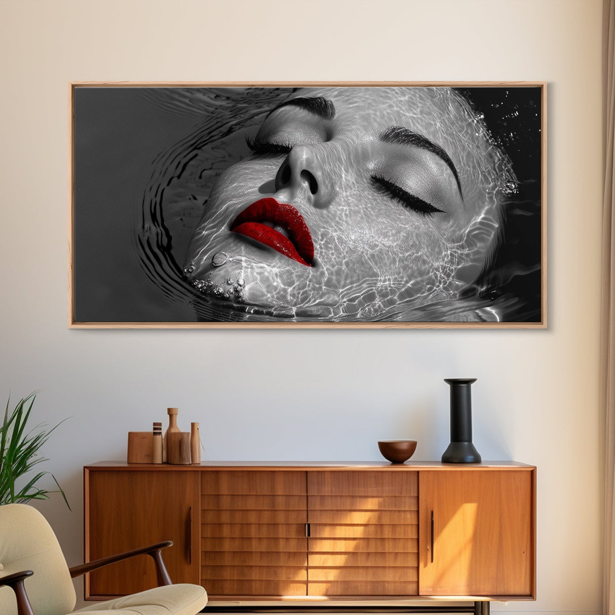 Red Lips, Underwater Beauty, Glam Art, Modern Pop, Framed Canvas Print, Bedroom Wall Art, Bold Aesthetic, Fashion Model Photography Print
