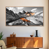 Glacial Canyon, Orange Reflection, Monochrome Mountain, Fall Landscape, Framed Canvas Print, Rustic Wall Decor, Adventure Photography