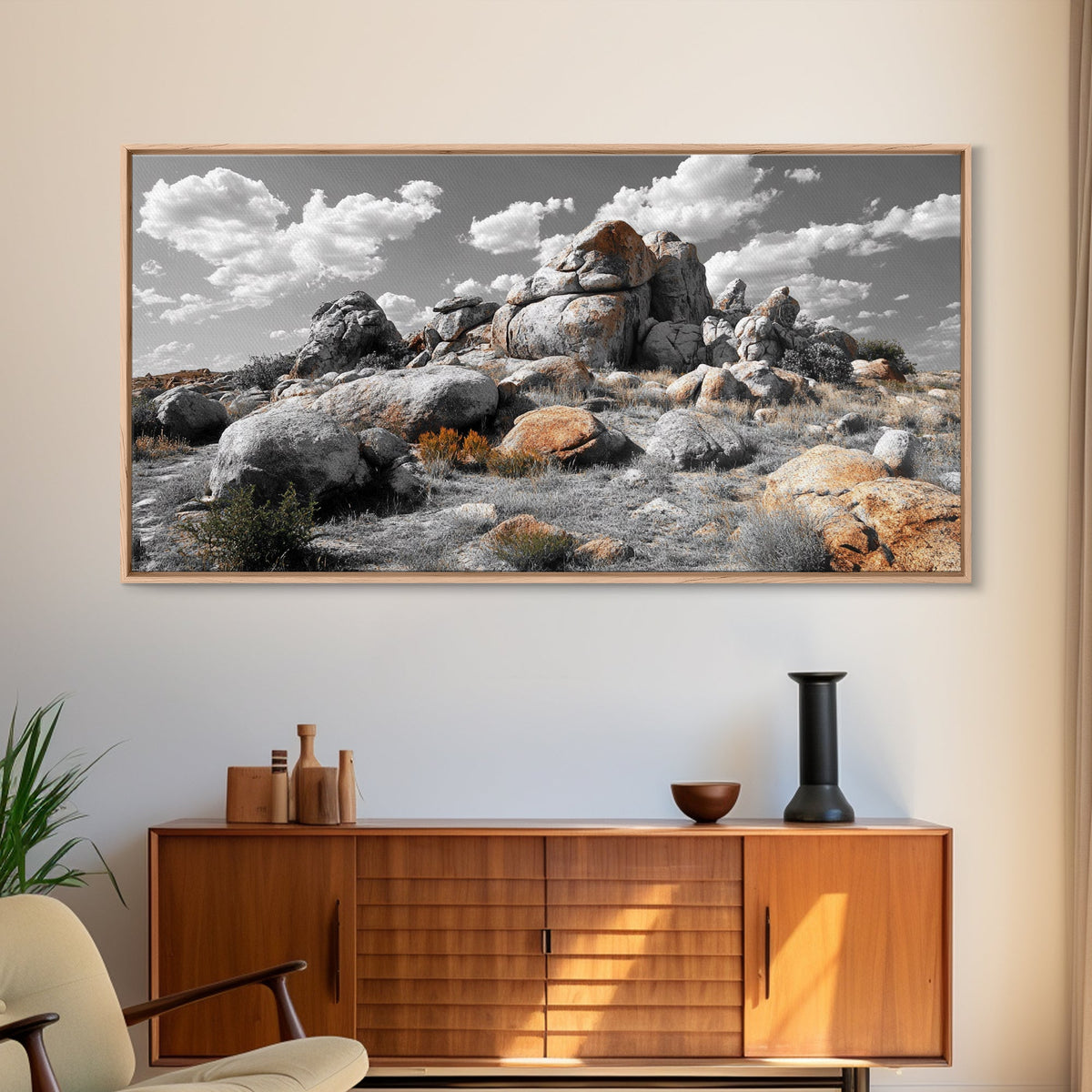 Granite Boulders, Desert Landscape, Natural Beauty, Earthy Tones, Framed Canvas Print, Entryway Wall Art, Nature Minimalism Style