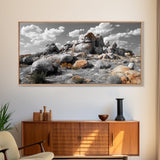Granite Boulders, Desert Landscape, Natural Beauty, Earthy Tones, Framed Canvas Print, Entryway Wall Art, Nature Minimalism Style