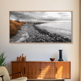 Coastal Path, Stormy Shore, Serene View, Monochrome Mood, Framed Canvas Print, Beach Wall Art, Peaceful Nature, Seaside Photography Decor