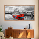 Red Boat, Dock Reflections, Moody Sky, Harbor Life, Framed Canvas Print, Nautical Wall Decor, Coastal Art, Living Room Art, Maritime Style