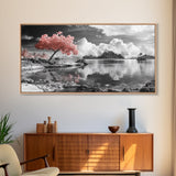 Pink Tree, Island Dreams, Serene Water, Tropical Sky, Framed Canvas Print, Boho Wall Art, Bedroom Decor, Black and White Landscape