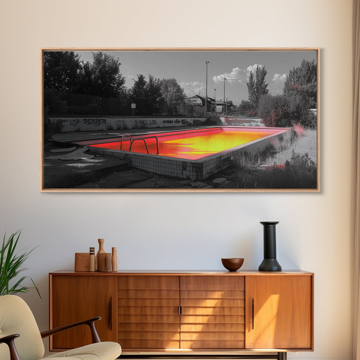 Abandoned Pool, Neon Water, Urban Decay, Vivid Glow, Canvas Print, Grunge Wall Art, Teen Bedroom Decor, Street Photography, Color Pop