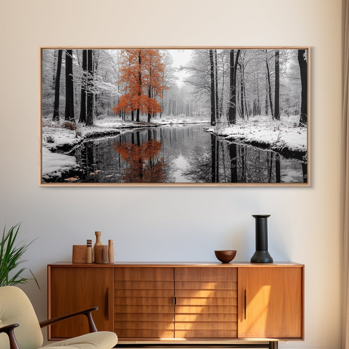 Orange Tree, Snow Forest, Winter River, Autumn Contrast, Canvas Print, Fall Wall Decor, Living Room Art, Nature Photography, Moody Art