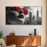 Red Lips, Urban Glam, High Fashion, City Vibes – Framed Canvas Print, Modern Pop Art, Living Room Wall Art, Bold Aesthetic, Edgy Decor