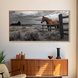 Rustic Horse, Country Fence, Western Scene, Moody Skies – Framed Canvas Print, Farmhouse Wall Art, Autumn Decor, Cabin Living, Cowboy Vibe
