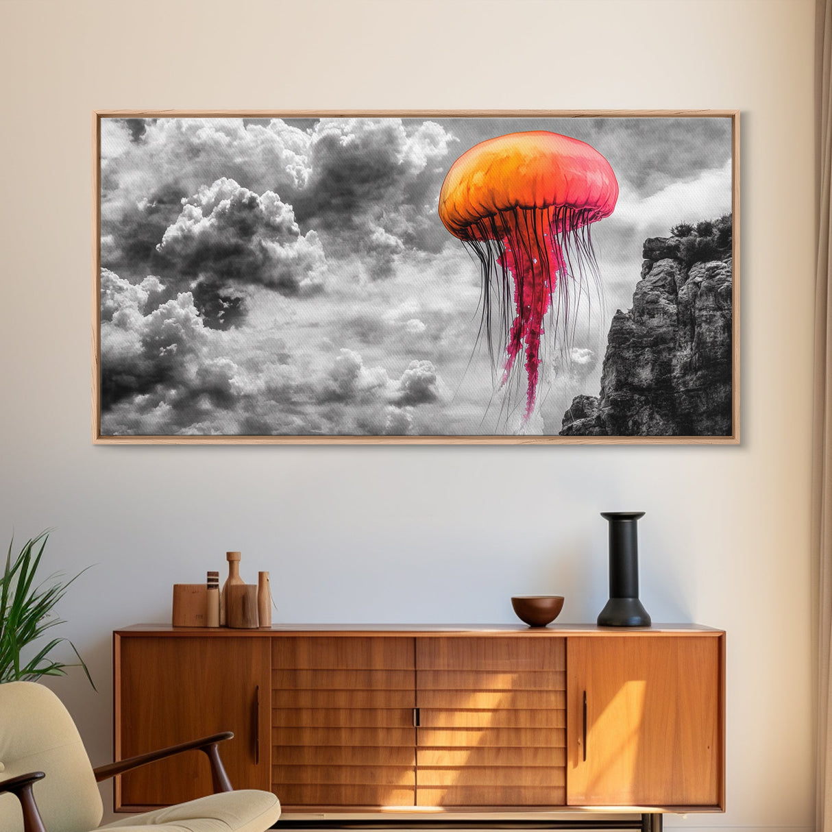 Orange Jellyfish, Floating Creature, Surreal Sky, Dreamlike Scene – Canvas Print, Nautical Wall Art, Living Room Piece, Ocean Fantasy