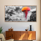 Orange Jellyfish, Floating Creature, Surreal Sky, Dreamlike Scene – Canvas Print, Nautical Wall Art, Living Room Piece, Ocean Fantasy