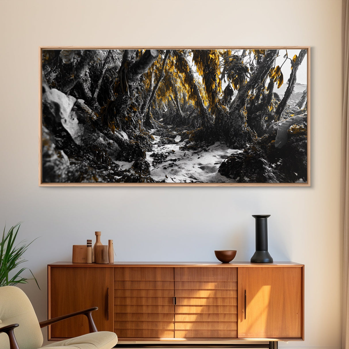 Kelp Forest, Coastal Jungle, Tidal Path, Ocean Shadows – Framed Canvas Print, Moody Marine Wall Art, Bathroom Decor, Natural Ocean Tones
