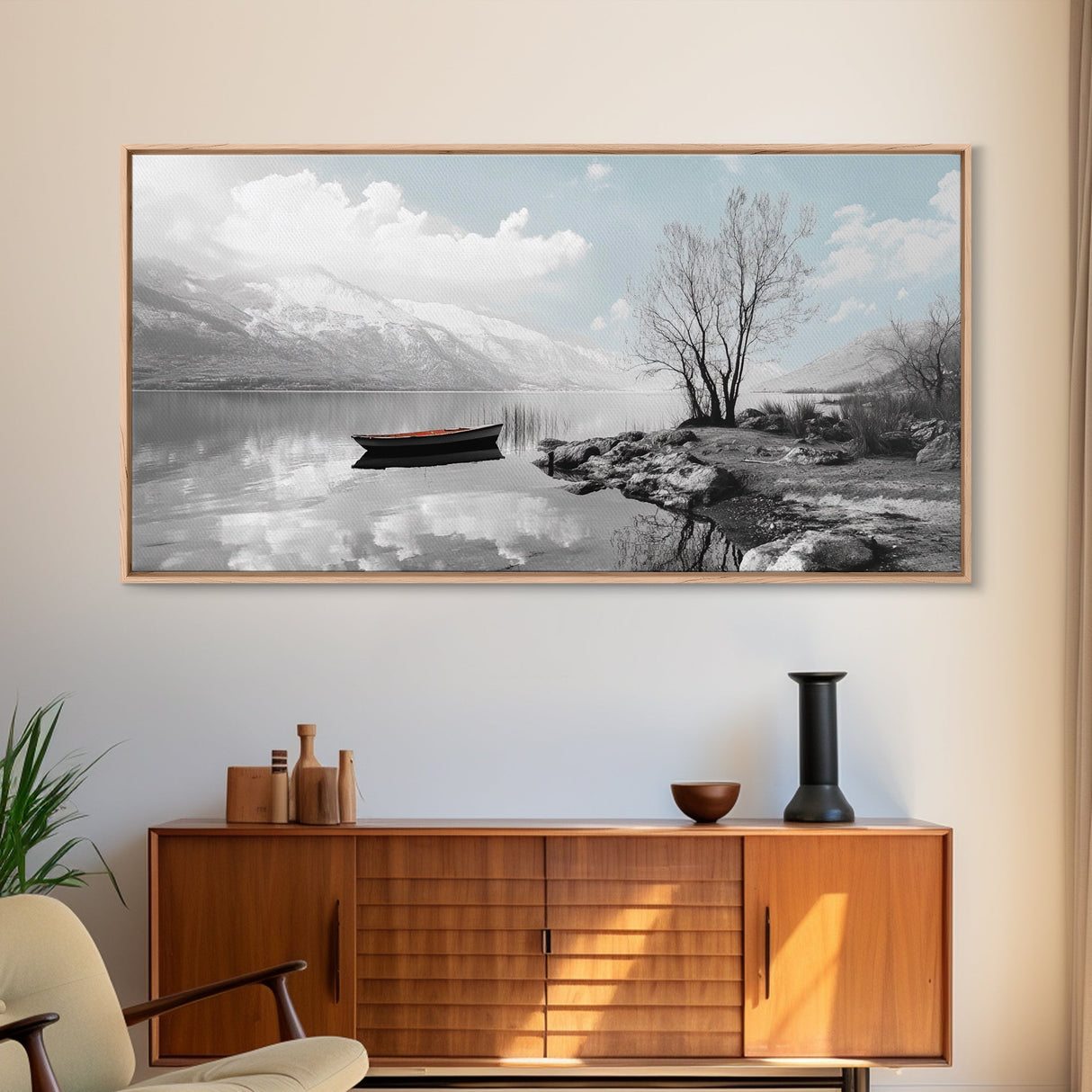 Solitary Boat, Alpine Lake, Tranquil Shore, Winter Silence – Canvas Print, Minimalist Wall Art, Bedroom Decor, Scandinavian Aesthetic
