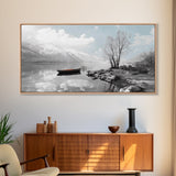 Solitary Boat, Alpine Lake, Tranquil Shore, Winter Silence – Canvas Print, Minimalist Wall Art, Bedroom Decor, Scandinavian Aesthetic